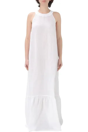 120% Lino Kleedjes, Dames, Wit, L, Linnen, Witte Linnen Maxi Jurk Ruche