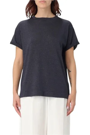 Brunello Cucinelli Tops, Dames, Blauw, L, Luxe korte mouw ronde hals trui