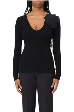 Elisabetta Franchi Truien, Dames, Zwart, L, Wol, Zwarte Bloemenapplicatie V-hals Trui