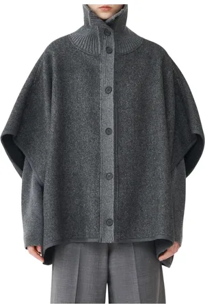Fabiana Filippi Jassen, Dames, Zwart, S, Wol, Hoge Hals Wollen Poncho Knoopsluiting