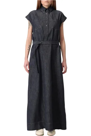 Brunello Cucinelli Kleedjes, Dames, Blauw, S, Denim, Blauwe Denim Overhemdjurk Met Riem Maxi