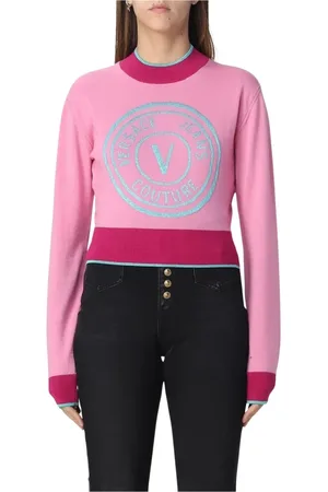 VERSACE Truien, Dames, Roze, S, Roze Geborduurde Sweater met Geribbelde Boorden