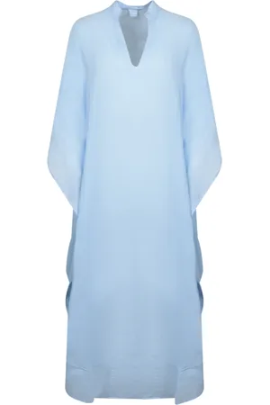 120% Lino Kleedjes, Dames, Blauw, S, Linnen, Blauwe Kaftan Jurk voor Zomerdagen