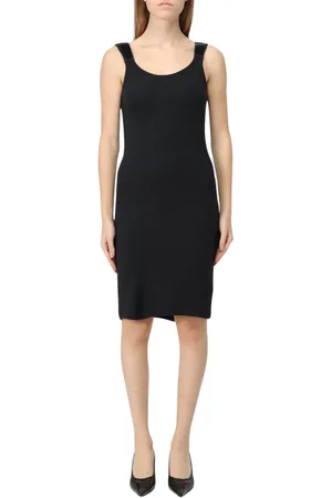 Helmut Lang Kleedjes, Dames, Zwart, L, Katoen, Zwarte Geribbelde Gebreide Midi Jurk