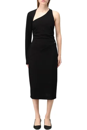 Karl Lagerfeld Kleedjes, Dames, Zwart, L, One Shoulder Midi Jurk Asymmetrische Gebreid