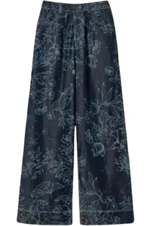 Twin-Set Broeken, Dames, Blauw, XS, Denim, Bloemen wijde pijpen broek