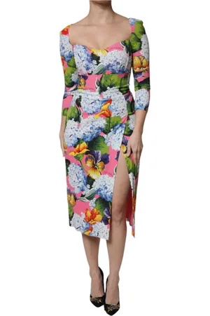 Dolce & Gabbana Kleedjes, Dames, Veelkleurig, XL, Bloemen Midi Jurk met Zijsplit