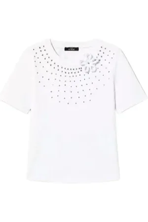Twin-Set Tops, Dames, Wit, L, Katoen, Strass T-shirt met bloemapplicatie