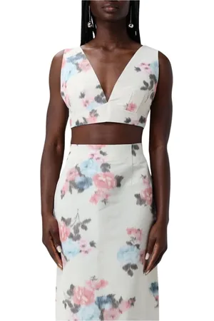 Serafini Tops, Dames, Wit, S, Roze Bloemen Mouwloze Top en Rok Set
