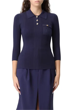 Elisabetta Franchi Tops, Dames, Blauw, L, Navy Geribbelde Gebreide Poloshirt