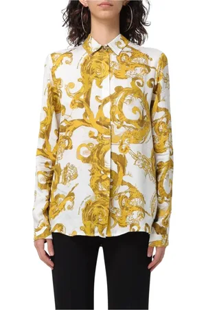 VERSACE Blouses & Shirts, Dames, Veelkleurig, M, Barok Print Zijden Overhemd Elegant Wit