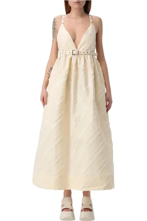 Ganni Kleedjes, Dames, , S, Leer, Textuur Midi Jurk Met Riem Taille