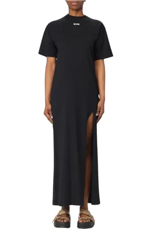 Msgm Kleedjes, Dames, Zwart, M, Zwarte Midi Jurk met Wijd Uitlopende Zoom