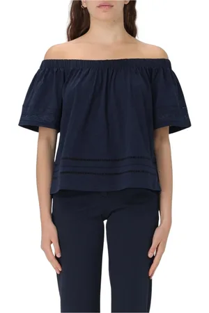 Barbour Blouses & Shirts, Dames, Blauw, L, Katoen, Blauwe Eyelet Off-Shoulder Top