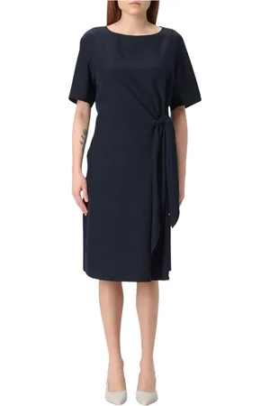 Emporio Armani Kleedjes, Dames, Blauw, XS, Blauwe Midi Jurk met Geplooide Rok