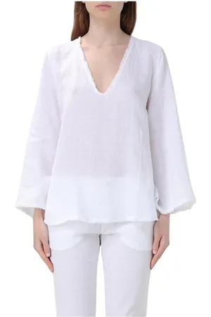 120% Lino Blouses & Shirts, Dames, Wit, M, Linnen, Witte Linnen V-Hals Blouse