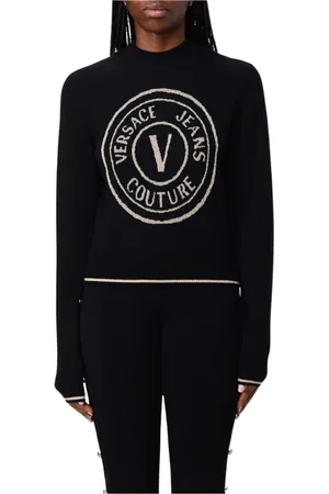 VERSACE Truien, Dames, Zwart, M, Zwarte Logo Gebreide Trui