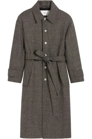 Ami Mantels, Heren, Grijs, S, Bruine Gespikkelde Trenchcoat met Zilveren Knopen