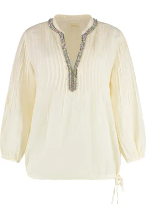 120% Lino Blouses & Shirts, Dames, , L, Linnen, Geplooide Linnen Blouse met Versieringen