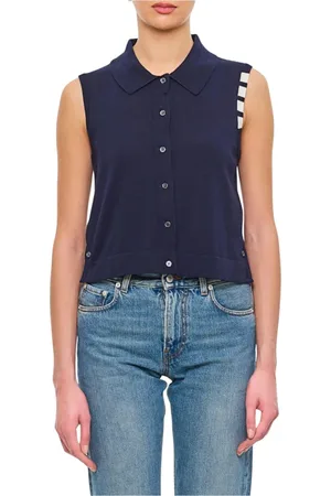 Thom Browne Jassen, Dames, Blauw, S, Wol, Blauwe Gebreide Kraagloze Mouwloze Vest