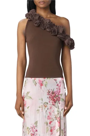 BLUMARINE Tops, Dames, Bruin, S, Rayon, Bloemenapplicatie One Shoulder Gebreide Top