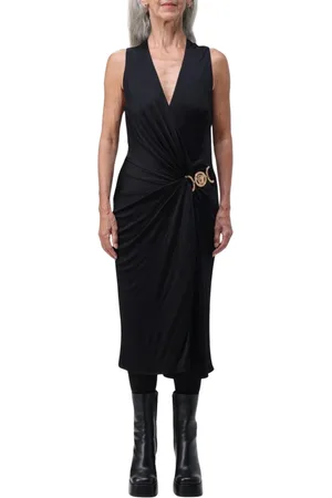 VERSACE Kleedjes, Dames, Zwart, S, Zwarte Gedrapeerde Midi Jurk