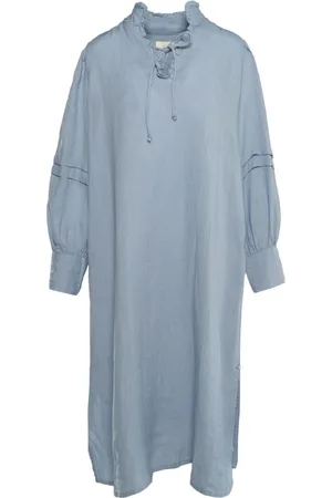 Hest Hést, Kleedjes, Dames, Blauw, L, Linnen, Elegante Linnen V-Hals Jurk
