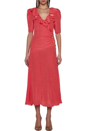 Alessandra Rich Kleedjes, Dames, Rood, S, Polka Dot Zijden Midi Jurk