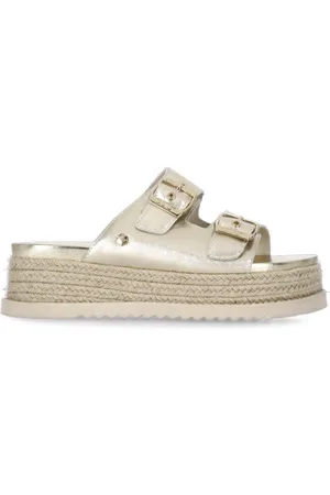 Cult Schoenen, Dames, Geel, 36 EU, Gouden leren sandalen met raffia-details