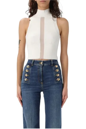 Elisabetta Franchi Tops, Dames, Wit, L, Stijlvolle Ribgebreide Top voor Vrouwen
