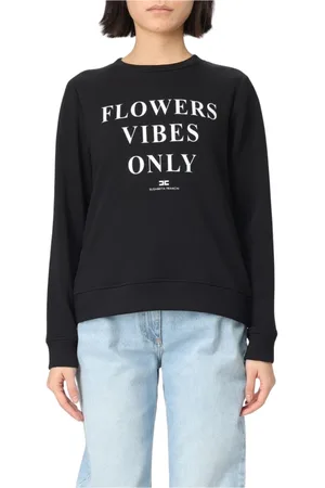 Elisabetta Franchi Sweatshirts & Hoodies, Dames, Zwart, M, Katoen, Witte Flowers Vibes Sweater