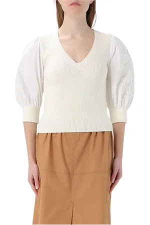 Twin-Set Truien, Dames, Wit, S, Katoen, Witte Pofmouw Gebreide Top
