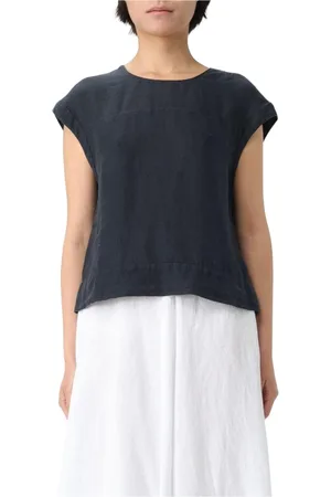 120% Lino Blouses & Shirts, Dames, Blauw, M, Linnen, Beige Linnen Top Korte Mouwen