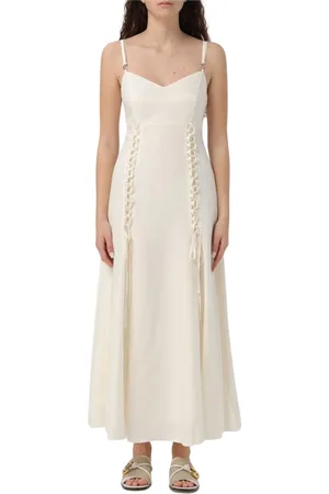 Twin-Set Kleedjes, Dames, , L, Linnen, Elegante Lace Up Maxi Jurk