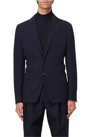 Giorgio Armani Pakken, Heren, Blauw, L, Blauwe Gebreide Blazer met Zakken