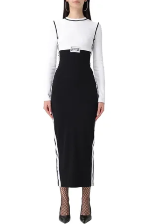Jean Paul Gaultier Kleedjes, Dames, Zwart, XS, Katoen, Geribbelde Gebreide Midi Jurk Zijstrepen