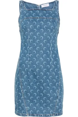 Marine Serre Kleedjes, Dames, Blauw, L, Denim, Moon Laser Denim Mini Jurk