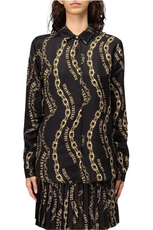 VERSACE Blouses & Shirts, Dames, Zwart, 3Xs, Zijden kettingprintblouse