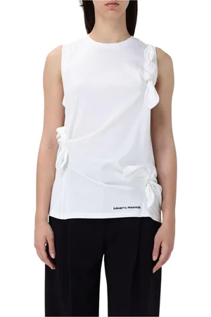 Elisabetta Franchi Tops, Dames, Wit, M, Blauwe Mouwloze Gedrapeerde Top met Sleutelgat