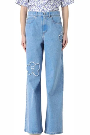 Marni Jeans, Dames, Blauw, S, Bloemenborduurwerk Wide Leg Jeans