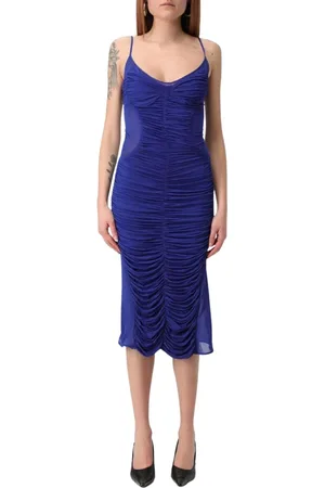 MUGLER Kleedjes, Dames, Blauw, S, Blauwe Gerimpelde Midi Jurk