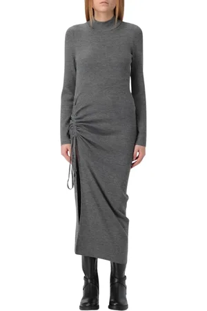 Michael Kors Kleedjes, Dames, Grijs, S, Wol, Elegante Ribgebreide Midi Jurk