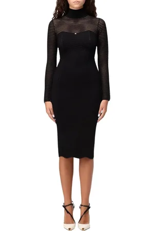 Elisabetta Franchi Kleedjes, Dames, Zwart, M, Elegante Zwarte Geribbelde Gebreide Midi Jurk