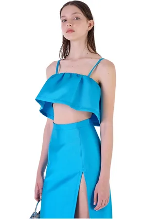 Silvian Heach Tops, Dames, Blauw, XL, Polyester, Top Crop met Ruche