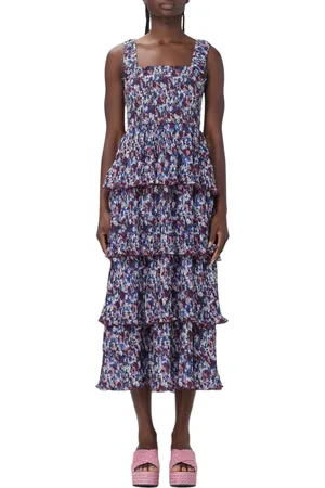 Ganni Kleedjes, Dames, Veelkleurig, S, Polyester, Kleurrijke Bloemen Midi Jurk