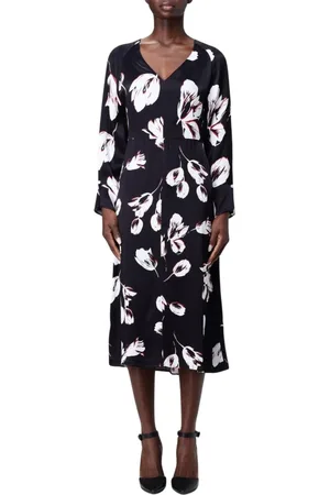 HUGO BOSS Kleedjes, Dames, Zwart, S, Elegante Bloemen Zijden Midi Jurk