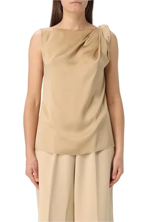 LIVIANA CONTI Tops, Dames, Geel, L, Beige Zijden Gedrapeerde Blouse Top
