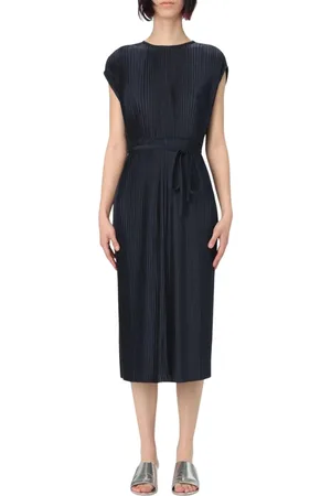 HUGO BOSS Kleedjes, Dames, Blauw, L, Blauwe Elegante Midi Jurk met Riem