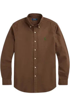Ralph Lauren Overhemden, Heren, Bruin, L, Katoen, Custom FIT Garment-Dyed Oxford Shirt Bruin