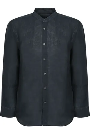 120% Lino Overhemden, Heren, Blauw, 2Xl, Linnen, Blauw Linnen Mandarin Kraag Slim Fit Overhemd